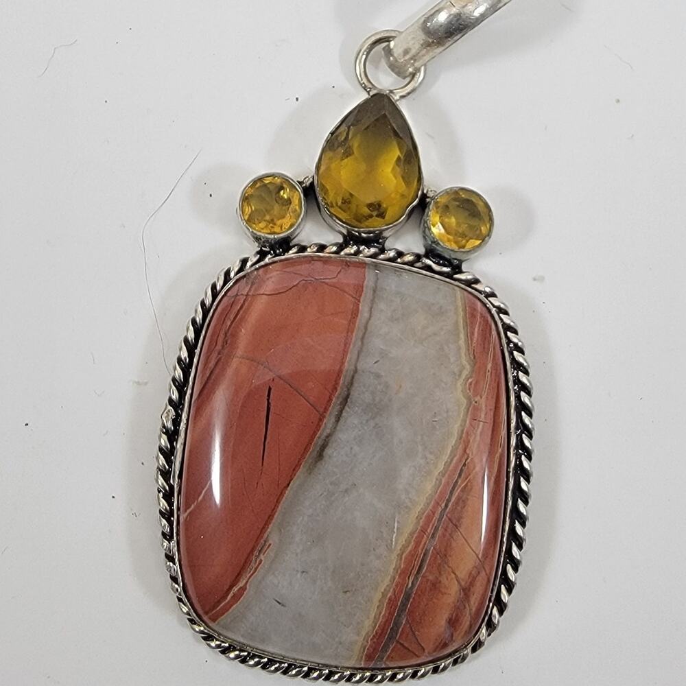 Handmade Sterling Silver Pendant Red Jasper and Faceted Citrine Gemstone Trio
